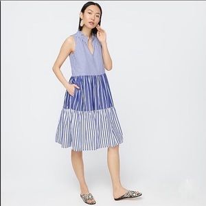 J. Crew Blue Striped Tiered Popover Dress S NWT